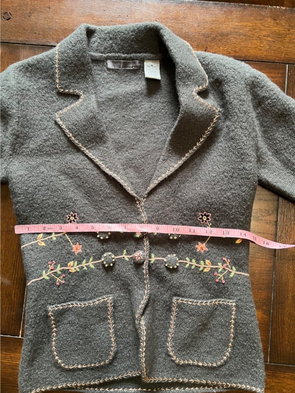 Lucidity Wool Blazer Grey Floral Embroidered Snap Button Pockets Boho Fairy S - Picture 10 of 11